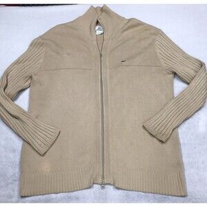 LACOSTE Cardigan Sweater Men XL Camel Tan Full Zip Mock Neck Rib Knit Dad Uni